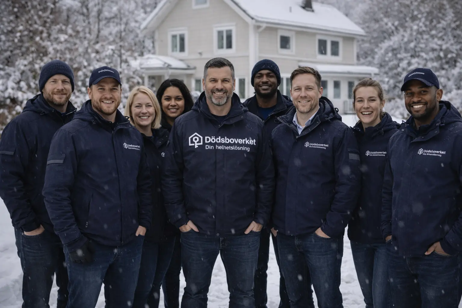 Teamfoto på hela personalstyrkan hos Dödsboverket i vintermiljö utanför ett hus.