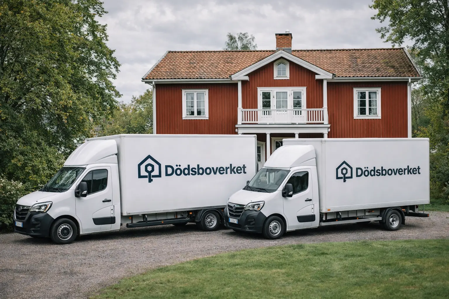Två flyttbilar från Dödsboverket utanför ett rött trähus.